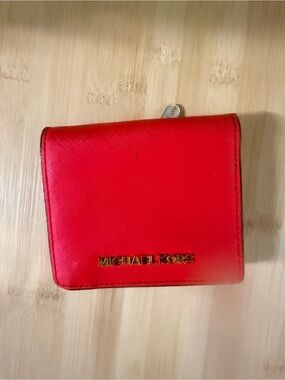 Michael Kors Red Leather Compact Card Case with Gold Logo